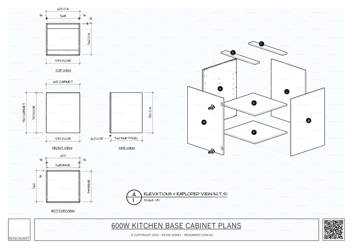 600W Kitchen Base Exploded Cabinet Plans - Elevations & Exploded View